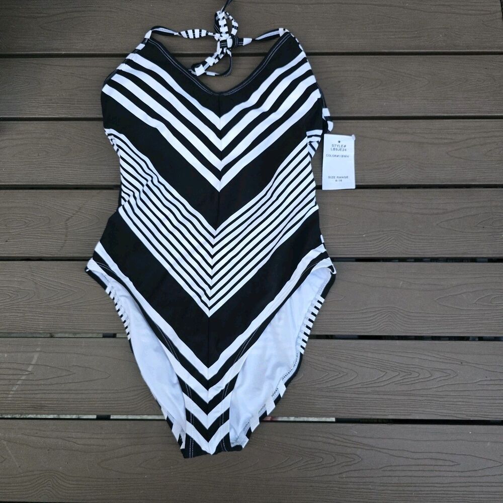La Blanca Fine Lines Mitred Stripes 1 Piece Black & White Sz 6 New No Tag